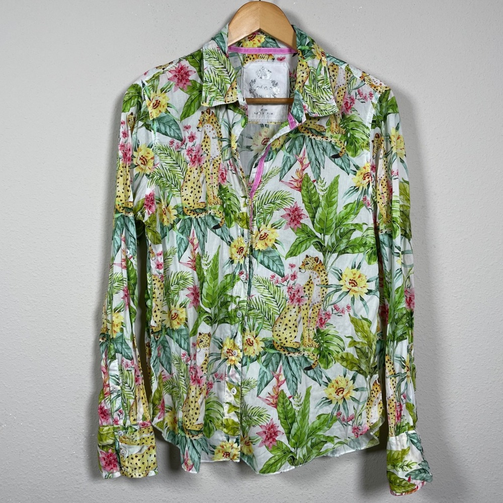 Cino Cotton Button Down Shirt Womens Large White Floral Cheetah Tropical Jungle